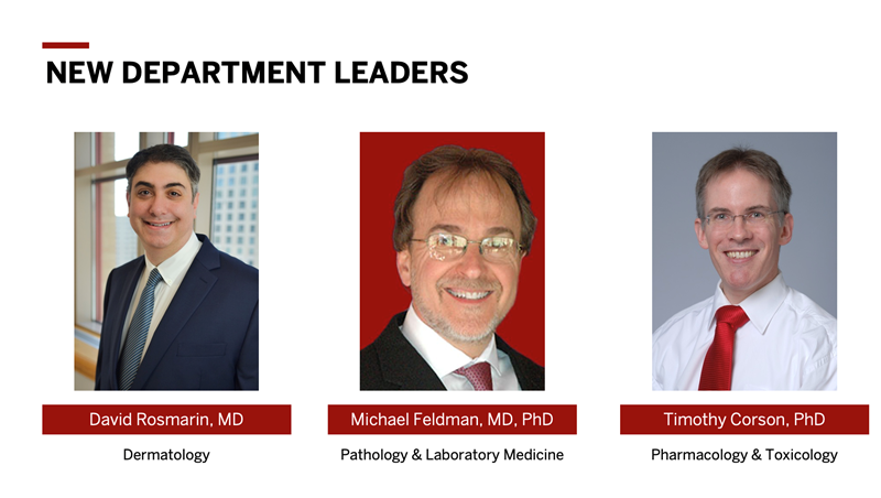 Headshots of new department leaders David Rosmarin, Michael Feldman, and Timothy Corson