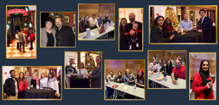 Collage of 10 photos from the Wells Center's 2023 holiday festivities featuring various groups of Wells Center members
