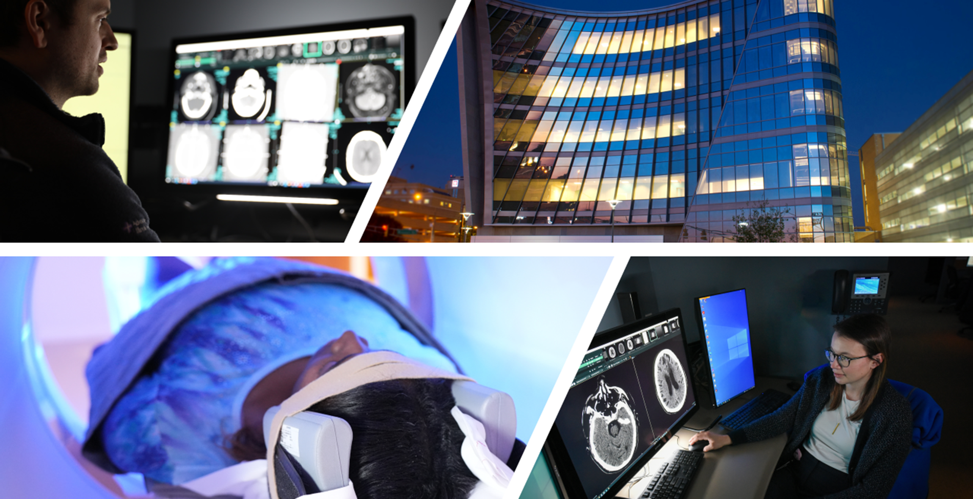 a collage of photos show imaging scans, the exterior of the hospital, a patient in a ct machine, and a trainee reviewing scans