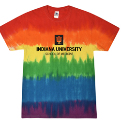 a tie dye rainbow striped tshirt with the IU School of Medicine logo on the front