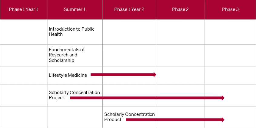 This table shows that the first two topic specific courses should be completed during the summer between the first and second year of med school. The third topic specific courses should begin between the first and second year of med school and conclude on or before phase one in year two. The two remaining courses, project and product, are also longitudinal. The project can begin as soon as phase one in year two of med school, while the product should begin during phase three and conclude on or before the end of fourth year.