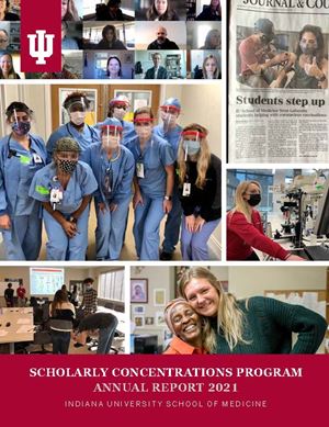 a collage of photos make up the annual report cover. They show students in scrubs, two people hugging, a meeting on zoom, a student working at a microscope, and a newspaper clipping