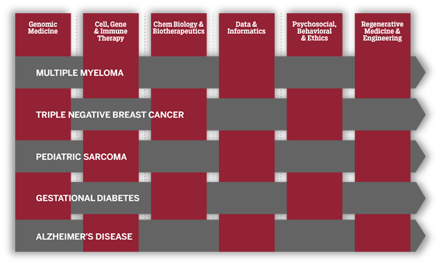 Table graphic showing research areas woven with diseases